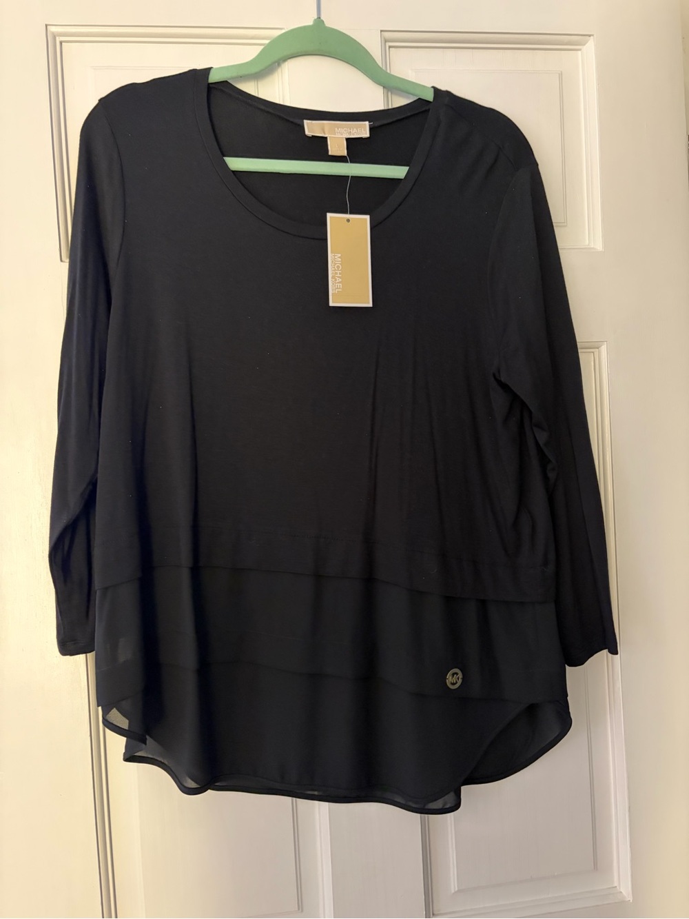 MICHAEL Michael Kors Black Layered Hem Long Sleeve Top with Chiffon